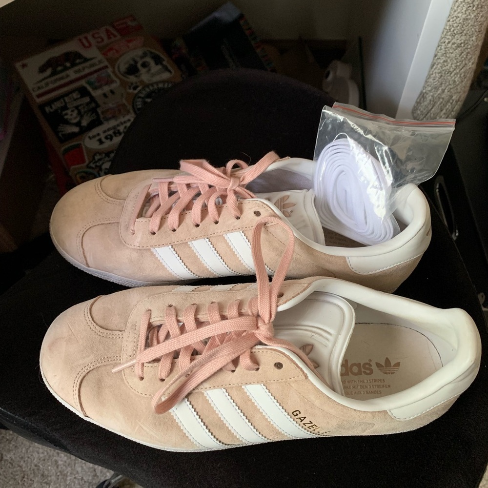 Pink and White Adidas Gazelle Low Top Sneakers